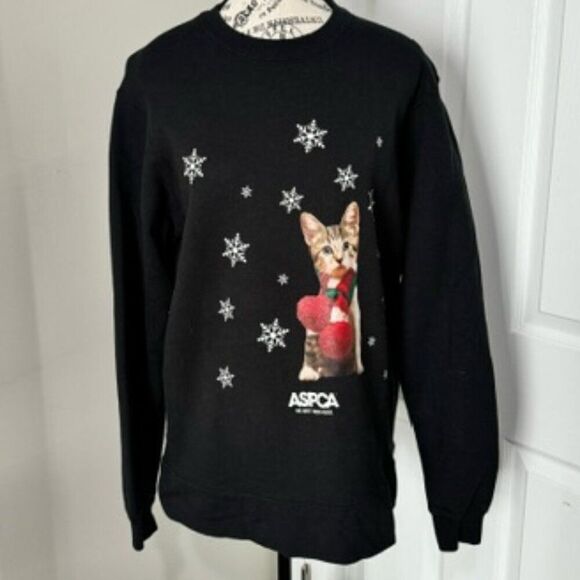 USED Woman's ASPCA Long Sleeve Sweatshirt Color Black Size M Christmas Cat - Picture 1 of 3